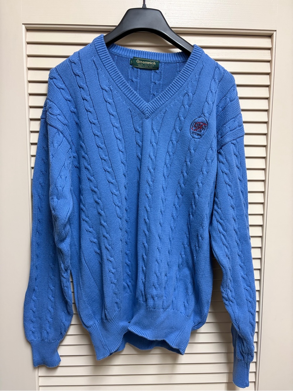 VTG Greenwich Cable Knit Sweater Mens L Blue V Neck Franklin Country Club Golf